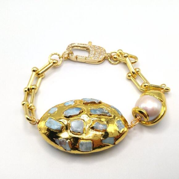 Gold Plated Larimar Gemstone Pearl Bracelet, 8 1/2 Inches, Rhinestone Clasp - Picture 2 of 10